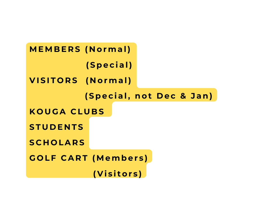 MEMBERS Normal Special VISITORS Normal Special not Dec Jan KOUGA CLUBS STUDENTS SCHOLARS GOLF CART Members Visitors